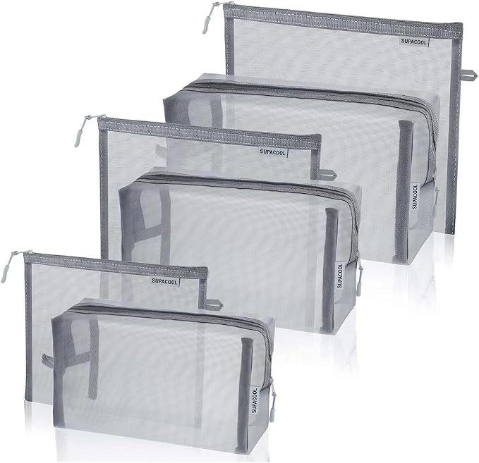 Set of 6 Travel Mesh Makeup Bag, Cosmetic Organizer Pouches with Zipper, Diaper Organizing Pouches, Nylon Toiletries Bag for Women and Men(6pcs, Gray) by SUPACOOL