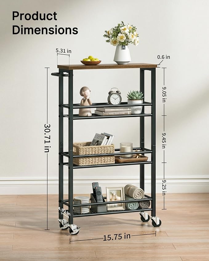 Pipishell Slim Storage Cart with Wheels - 4 Tier Rolling Kitchen Storage Cart with Handle and Wood Top, Metal Slim Bathroom Cart for Laundry Room, Bathroom, Kitchen, Narrow Space, Black & Rustic Brown - Image 6