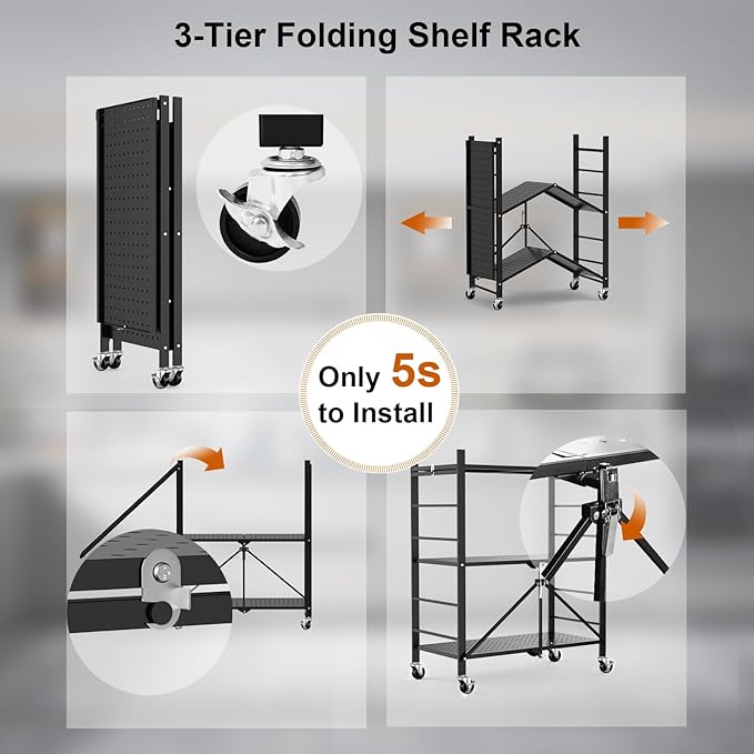 Himix 3 Tier Foldable Storage Shelf with Wheels 6 Hooks No Assembly Black | Metal collapsible organization, Folding shelves rack, Wire shelving, Unit rolling cart, Kitchen, Garage, Holds 792 Ibs - Image 5