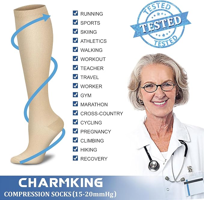 CHARMKING Compression Socks for Women & Men Circulation (8 Pairs) 15-20 mmHg Best Calf Socks Support for Athletic Cycling - Image 5