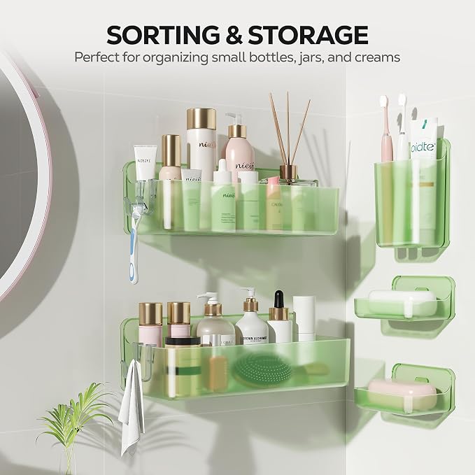 Nieifi Adhesive Shower Shelves, Green, 5 Pieces | Rustproof ABS, Large Capacity, Removable Design, Easy-Clean, No Drilling Shower Organizer for Bathroom Storage & Home Decor - Image 9