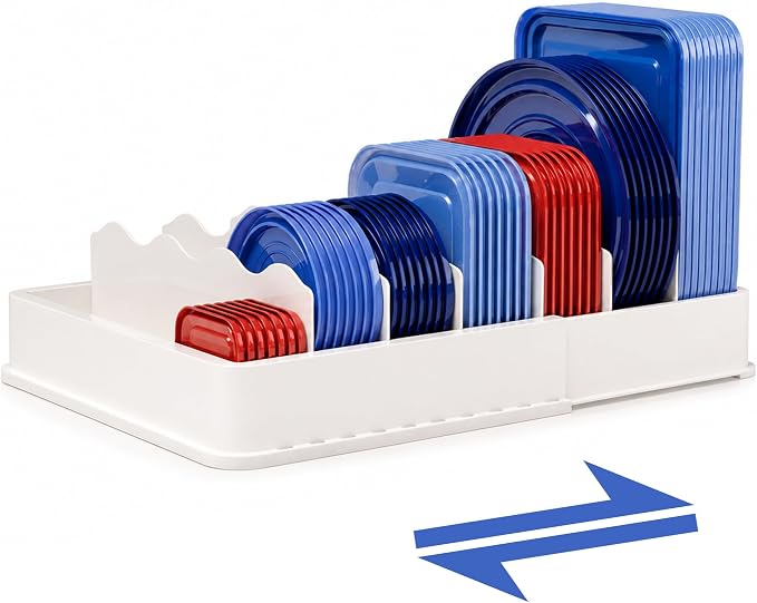 SWOMMOLY Expandable Food Container Lid Organizer for Kitchen Cabinet | Expands 9.8" to 17.3", Lid Holder with 6 Adjustable Dividers, 30 Writable Labels for Cabinets, Drawers and Pantry Storage by SWOMMOLY