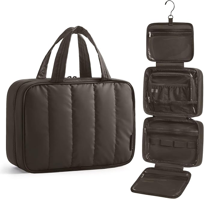 BAGSMART Travel Toiletry Bag for women, Portable Hanging Hook Makeup Bag Organizer, Waterproof Makeup Cosmetic Bag, for Full-Size Accessories, Toiletries,Charcoal Grey by BAGSMART