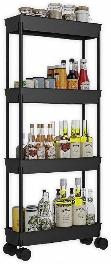 Sooyee 4 Tier Slim Storage Cart, Black | Rolling, Narrow Shelf, Mobile Shelving Unit Organizer, For Kitchen, Bathroom, Laundry Room by Sooyee