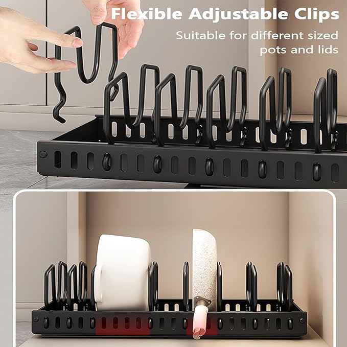 AmoiChic 2 Pack Pull Out Cabinet Organizer for Pots and Pans, Black Storage Rack with 8 Adjustable Dividers, Kitchen Cabinet Organizer for Pot Lids, Bakeware, Dishes Storage - Image 5
