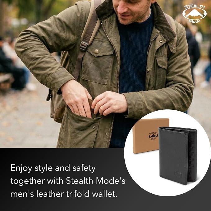 Stealth Mode Trifold Leather Wallet for Men with RFID Blocking | Black Crunch Top Grain Napa Leather, 9 Card Slots, ID Window, Gift Box – Gift for Dad, Husband, or Son - Image 6