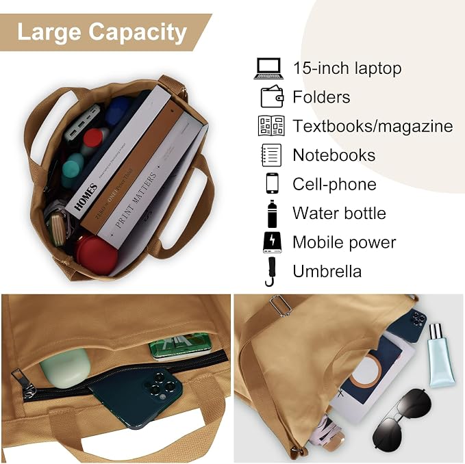 Women's Canvas Tote Bag inside Out Bag with Adjustable Crossbody Strap for Work Travel Shopping Durable Handbag for Men - Image 4