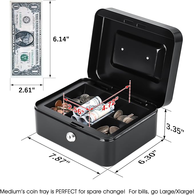 KYODOLED Small Metal Lock Box with Key for Cash and Medication, 2 Pack | Portable Handle, Removable Coin Tray, Lower Storage for Bills and Small Items, Ideal for Gifting, 7.87 x 6.3 x 3.35 in, Black - Image 2