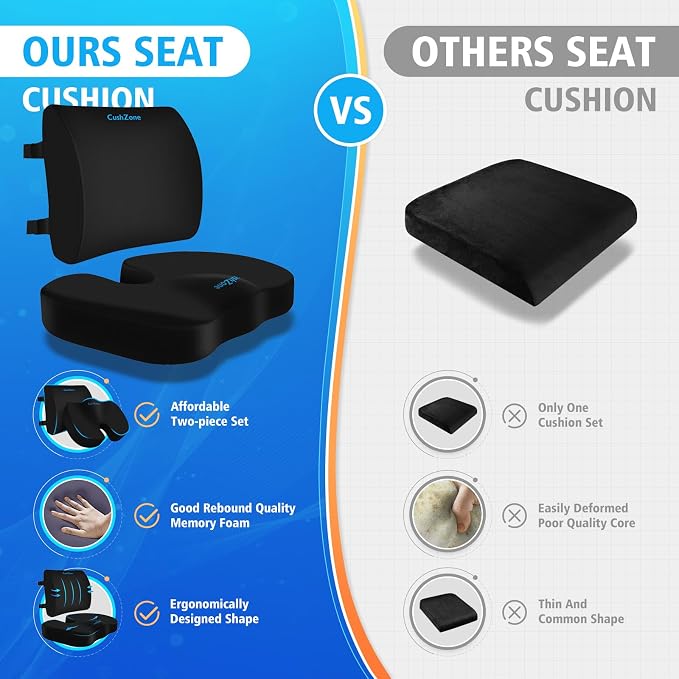 CushZone X-Large Seat Cushion and Lumbar Support Pillow for Office, Black | Thick Memory Foam for Sciatica Pain Relief & Posture Correction, Non-Slip Chair Cushions for Car, Wheelchair and Travel - Image 8