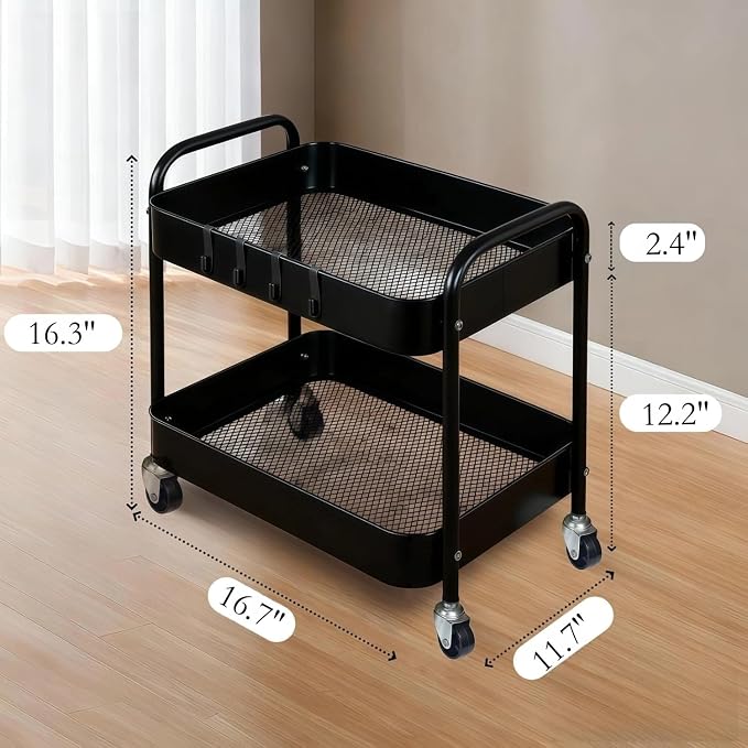 2 Tier Metal Rolling Utility Cart with Wheels Under Desk Storage Cart with Handle, Roll Around Organizer Trolley for Small Space Pantry Bathroom Home Kitchen Office Snack Baby Supplies, Black - Image 5