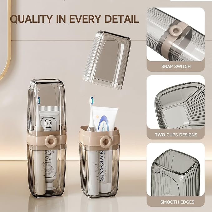 Topavatop Toothbrush Travel Case, 2 in 1 Toothbrush Holder and Rinse Cup, Large Capacity Toothbrush Cup with Cover, Portable Travel Toothbrush Holder for Traveling, Camping, Trip - 1Pcs - Beige&Clear - Image 4