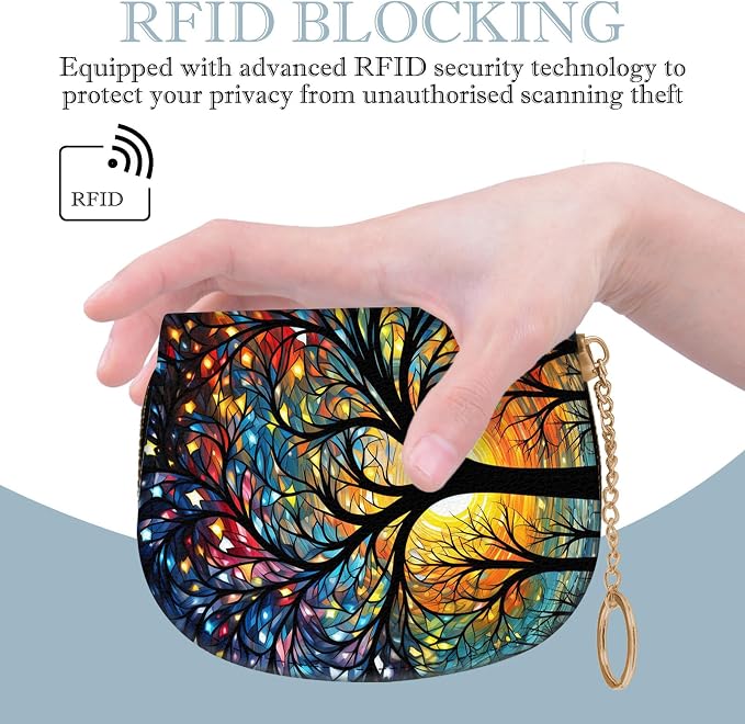 Women's Slim RFID Wallet – Compact Leather Card Holder Wallet for Women, 9 Card Slots RFID Blocking Credit Card Organizer, Small Travel Wallet - Colorful Trees - Image 5