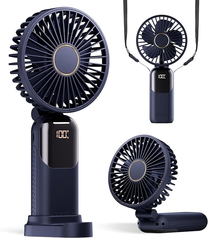GOCKERA Portable Fan, 4200mAh Battery Operated Fan, 5 Speeds&Digital Display, Makeup Fans for Women with Base, 180°Foldable 3in1 Handheld/Neck/Desk Fan for Outdoor Indoor,Ultra Quiet (Blue) by GOCKERA