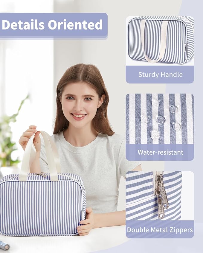 Full Size Toiletry Bag Women Large Cosmetic Bag Travel Makeup Bag Organizer Medicine Bag for Toiletries Essentials Accessories (Greyish Blue Stripe, Large) - Image 3