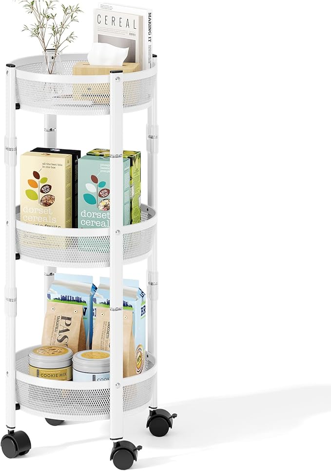 TOOLF 3 Tier Foldable Rolling Cart, Metal Utility Storage Cart, White | Assembly-Free, Lockable Wheels, Round Trolley Organizer for Bathroom, Kitchen, Office, Dorm, Laundry, Craft Room by TOOLF