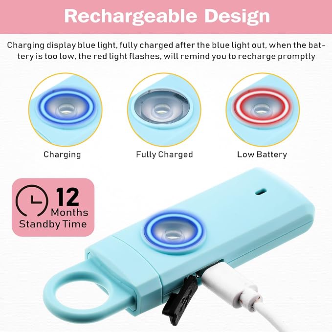 Tellegloww 6 Pcs 130 dB Personal Safety Alarm for Women, Personal Alarm Keychains Loud Siren with LED Strobe Light & Low Battery Notice Rechargeable Self Defense Keychain for Mom(Multicolor,Keychain) - Image 5