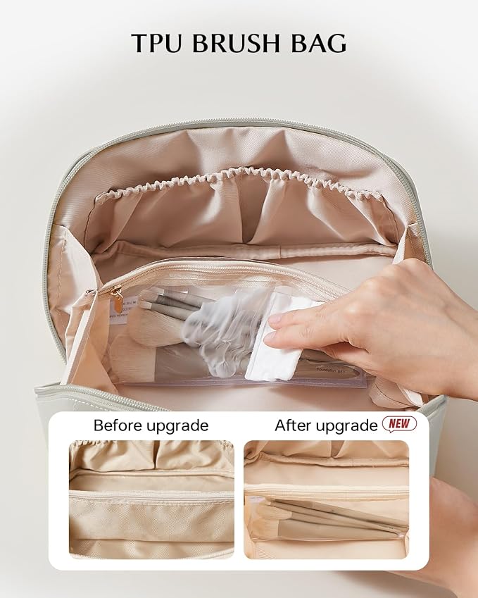 EACHY Travel Makeup Bag for Women, Flat Open Cosmetic Bag, Gray, Medium | Flat-open cosmetic organizer with pockets and clear TPU brush compartment for makeup, toiletries and travel essentials - Image 3