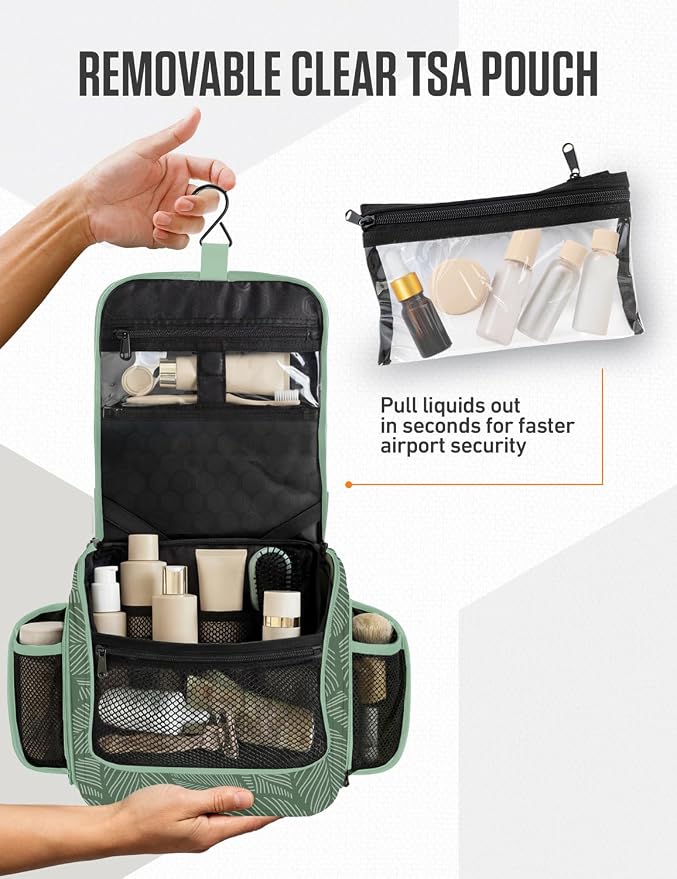 VENTURE 4TH Hanging Travel Toiletry Bag, 17 Compartments - Green Leaves | Hangs on rails, hooks or doors; stands upright too. Removable TSA pouch. Water-resistant 900D Nylon, reinforced stitching. - Image 9