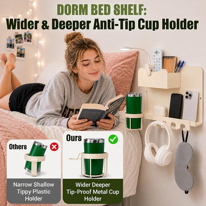 Floating Bedside Wall Shelf, Metal Wall Organizer with Detachable Cup Holde | No Drill Floating Wall Mounted Storage for Bedroom, Dorm, Loft Bed, Bunk Bed & Small Space Organization - Image 4