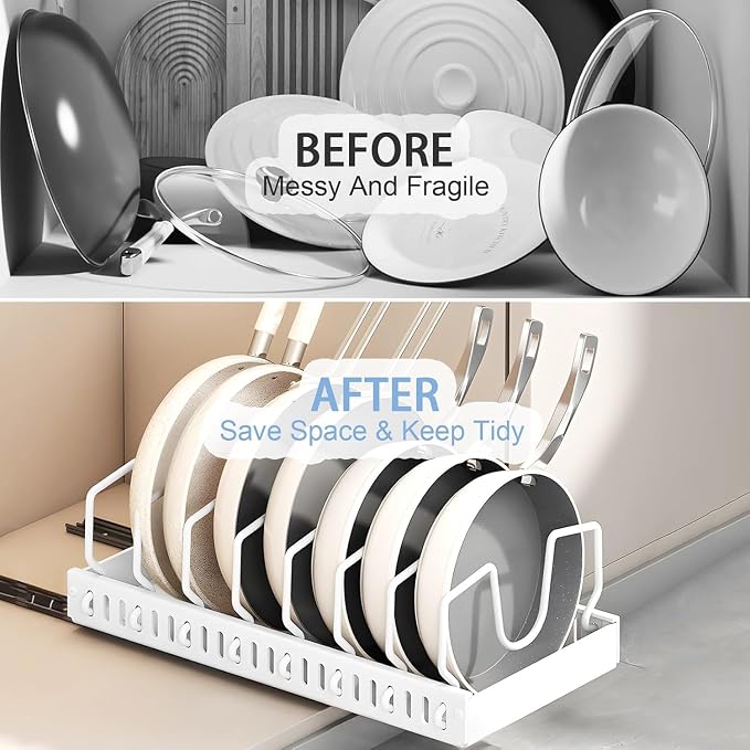 2 Pack Pull Out Pots and Pans Organizer for Cabinet & Countertop, Kitchen Cabinet Organizer with 8 Adjustable Dividers, Storage for Pot Lid, Dishes, Bakeware, White - Image 3