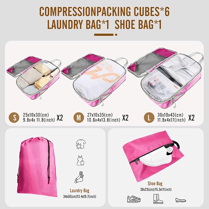 8 Set Compression Packing Cubes for Travel, Expandable Luggage Organizer with Shoe Bag & Laundry Bag - Lightweight Suitcase & Backpack Travel Essentials (Pink) - Image 2