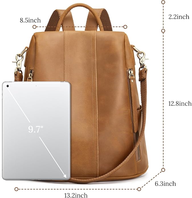 S-ZONE Leather Backpack Purses for Women Antitheft Rucksack Shoulder Bag Medium | Genuine Leather, Medium Fits 9.7-inch Tablet, for Work Travel Daily Commute, Multi Pockets, Adjustable Dual Straps - Image 5