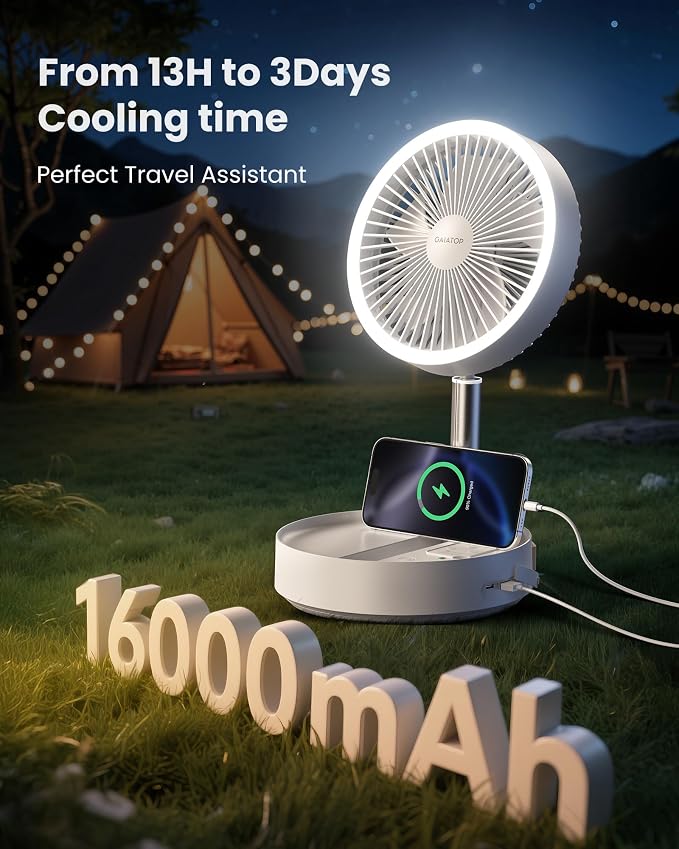 Gaiatop Portable Pedestal Fan 16000mAh Battery [Max 74h Runtime], Foldable Oscillating Standing Fan, Collapsible Desk Fans, LED Light, Case & Remote Control 4 Speeds for Outdoor Travel Camping (White) - Image 2