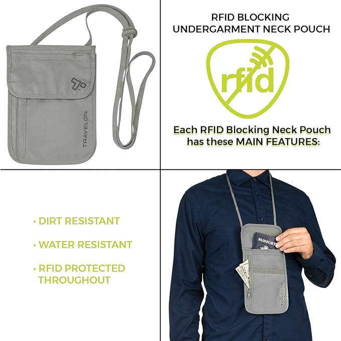 Travelon Rfid Blocking Undergarment Neck Pouch Travel Wallet, Gray, One Size - Image 7