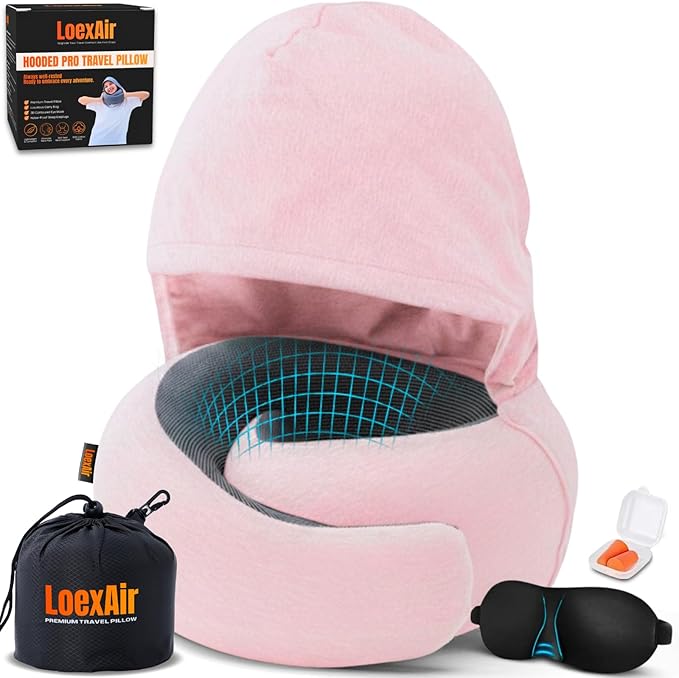 LOEXAIR™ Hooded Pro Travel Pillow - Memory Foam Neck Support Pillow for Airplane, Flight - Super-Soft Pure Cotton Fabric, Maximum Privacy & Light-Block Design, Lightweight Full Travel Kit- Sakura Pink by LoexAir