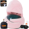 LOEXAIR™ Hooded Pro Travel Pillow - Memory Foam Neck Support Pillow for Airplane, Flight - Super-Soft Pure Cotton Fabric, Maximum Privacy & Light-Block Design, Lightweight Full Travel Kit- Sakura Pink by LoexAir