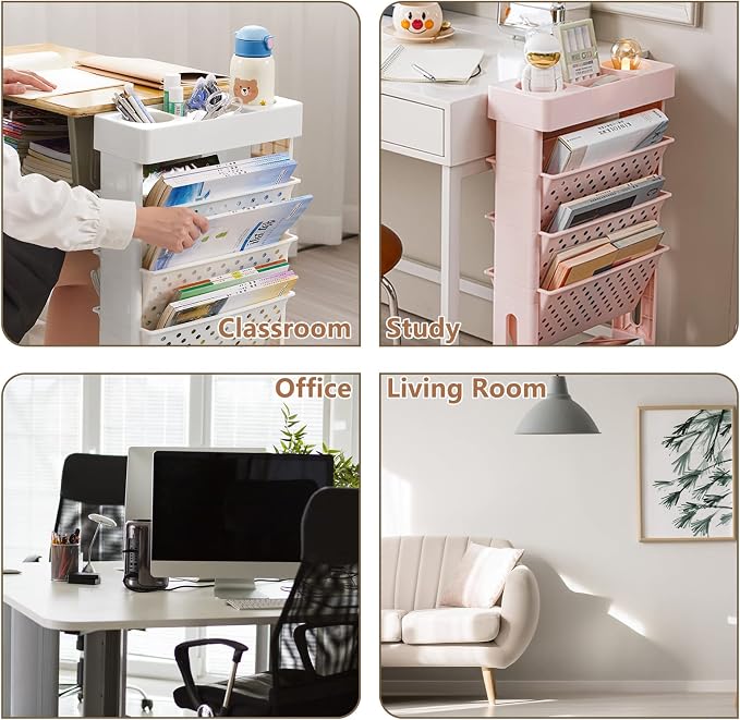 Pink Rolling Office Paper Organizer, Mobile Book Cart Document Folder File Storage with Pen Holder, Slim Rolling Storage Cart Movable Bookshelf for Office, Dorm, Classroom, Nursery - Image 5