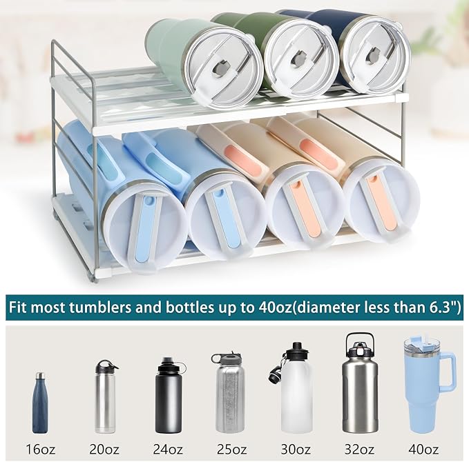 Water Bottle Organizer For Cabinet, Adjustable Tumbler Storage, Expandable Water Bottle Holder For Kitchen Organization, 2 Tier Cup Organizer For Sports Flask Insulated Travel Mug Fridge, White - Image 4