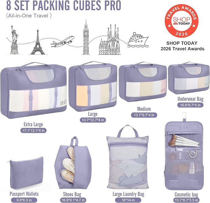 Veken 8 Set Packing Cubes for Travel Essentials,Anti-Wrinkle Buckled Suitcase Organizer for Shoe & Toiletry Bag,Carry On Luggage Bag with 99+ Count Mesh Holes for Airplane & College Dorm Accessories - Image 2