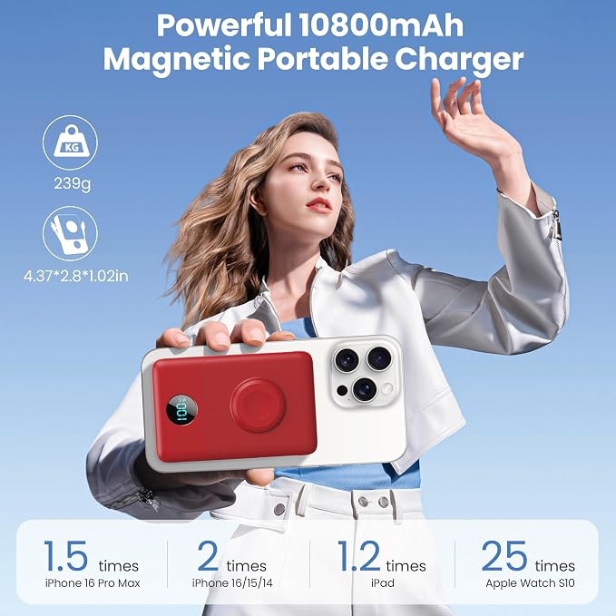Magnetic Portable Charger 10800mAh with Built-in Cables,Wireless Power Bank for Magsafe,25W PD Fast Charging USB-C Travel Essentials Battery Pack for iPhone 17/16/15/14/13/12 Series,Apple Watch-Red - Image 2