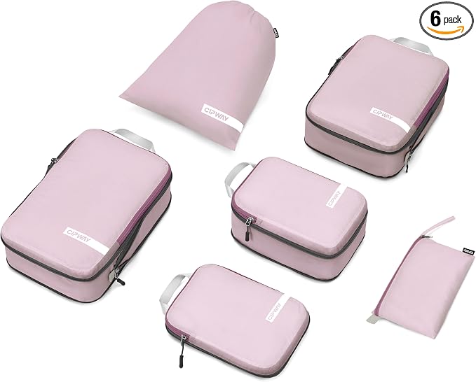 Cipway Compression Packing Cubes for Travel (Mauve Pink 6 Set) | Ultralight Travel Cube Organizers for Carry-On Luggage, Suitcase & Backpack Travel Essentials by Cipway