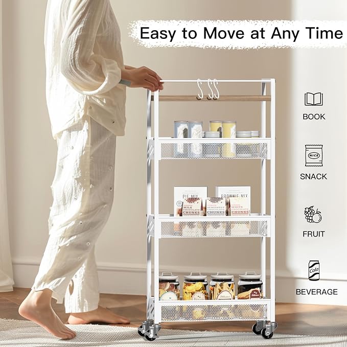 DGSNADGO Slim Rolling Storage Cart, 4-Tier Narrow Kitchen Cart with Wheels | Metal Mobile Snack Shelving, Skinny Rolling Spice Rack for Small Space in Kitchen, Living Room, Bathroom, Beige and White - Image 5