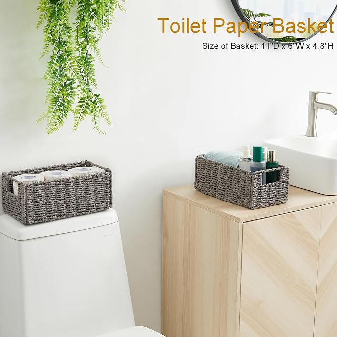Wicker Storage Basket, Set of 2 Grey Baskets for Toilet Paper | Hand-Woven Wicker Baskets, Small Storage Baskets for Organizing with Handles Foldable Cube Storage Organizer Bins for Shelves - Image 5
