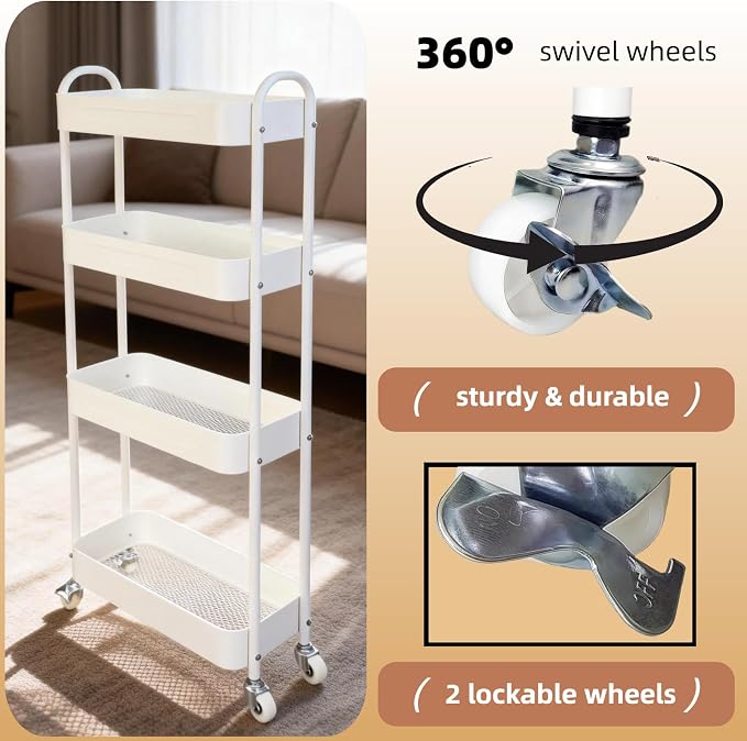 4 Tier Slim Kitchen Storage Cart for Narrow Space, 7.1'' Wide Metal Rolling cart with Wheels and Lockable Casters, Sturdy Mobile Thin Shelf for Laundry Room Between Washer and Dryer, White - Image 4