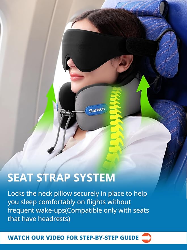 SARISUN Neck Pillow Airplane,w/Seat Strap Support,3D Eye Mask for Travel | 360° Head Chin Support,Premium Memory Foam,Adjustable Buckle,Travel Essential for Long-Haul Flights,Car Road Trip Black - Image 3