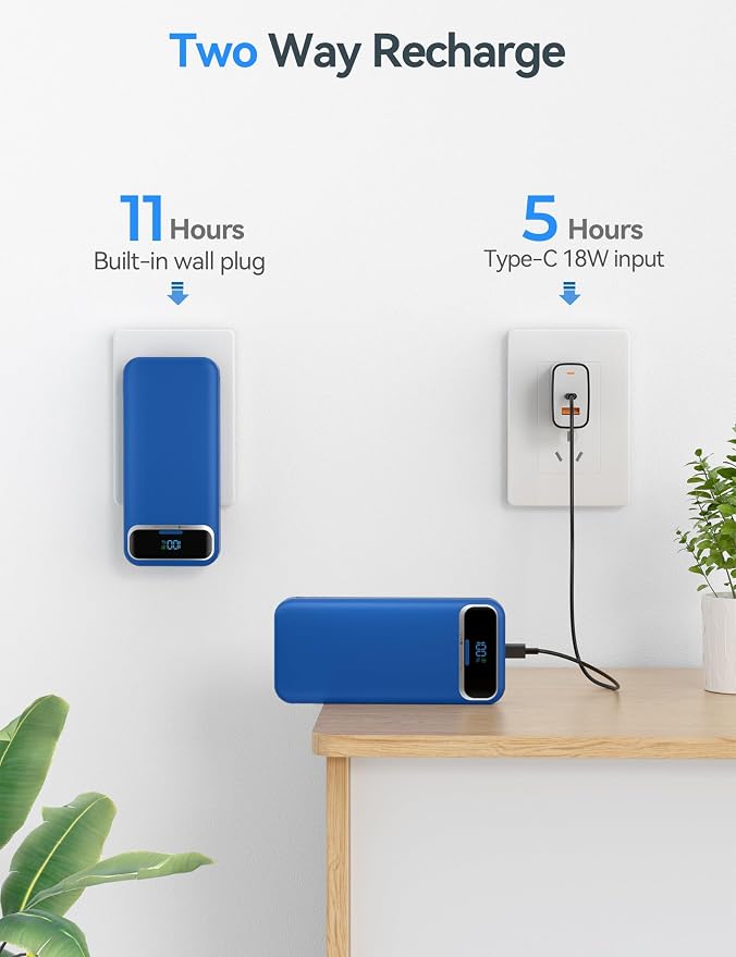 aonidi Portable Charger 20000mAh with Built-in Cables&AC Wall Plug, Navy | PD20W Fast Charging,Travel Essential,TSA Approved,LED Display,All in One USB C Power Bank for All Cell Phones Devices - Image 7