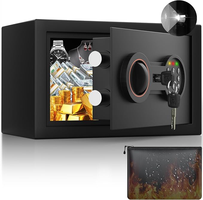 Small Safe for Home, 6.69"H Safe Box with Fireproof Waterproof Bag | Money Safe with Alarm System, Sensor LED Light, Wall/Floor Mountable, Hidden Safes for for College Dorm Room by BuildYourSafekeepingSystem