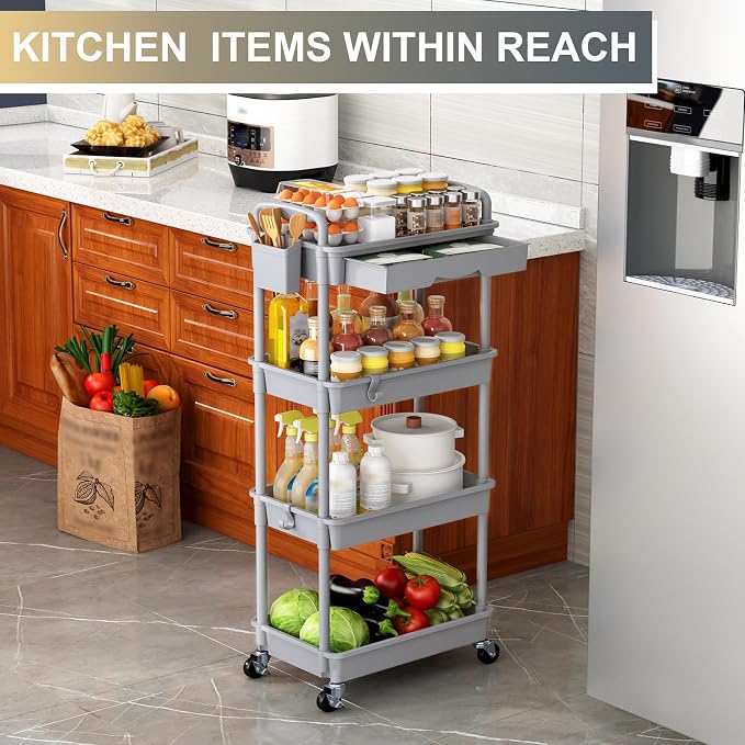Goovilla 4 Tier Rolling Utility Cart Organizer with Removable Drawer, Grey | Stable and Sturdy Rolling Storage Carts with 2 Lockable Wheels for Bathroom, Kitchen, Snack, Craft, Makeup, Baby Essentials - Image 7