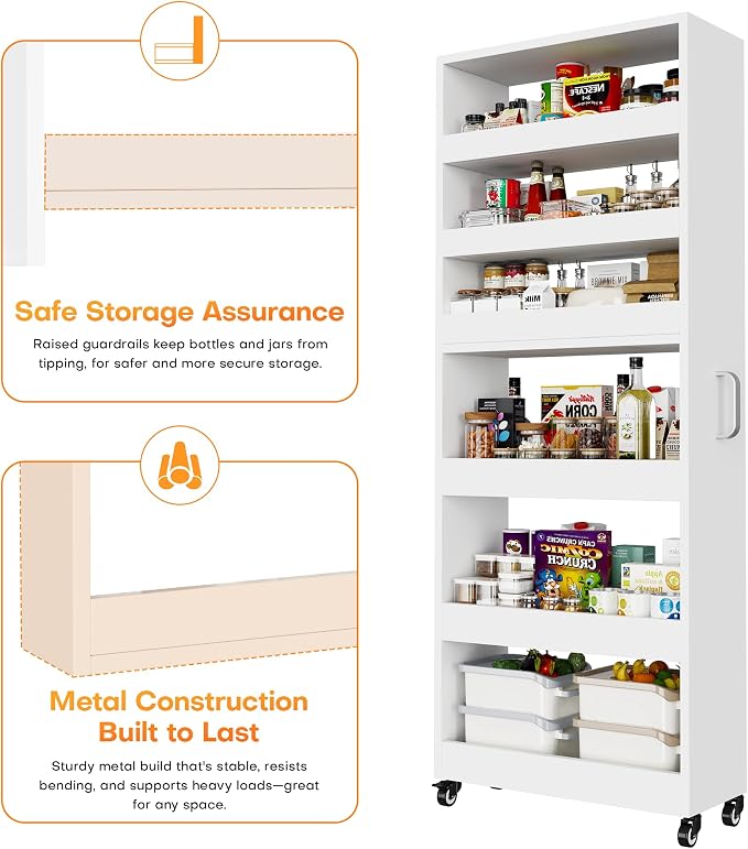 Slim Storage Cart, Lightweight 6 Tier Metal Rolling Utility Kitchen Cart on Wheels, Mobile Storage Shelving Unit Organizer for Bathroom Laundry Office Narrow Places (White, 10" D) - Image 6