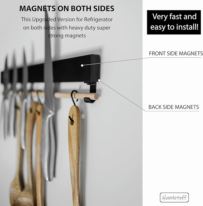 Premium Magnetic Knife Holder for Refrigerator with Hooks – 16 Inch Professional Double Sided Black Magnetic Knife Strip and utensil hanger for Fridge-Stainless Steel Magnet Knife Bar Wall - Image 3
