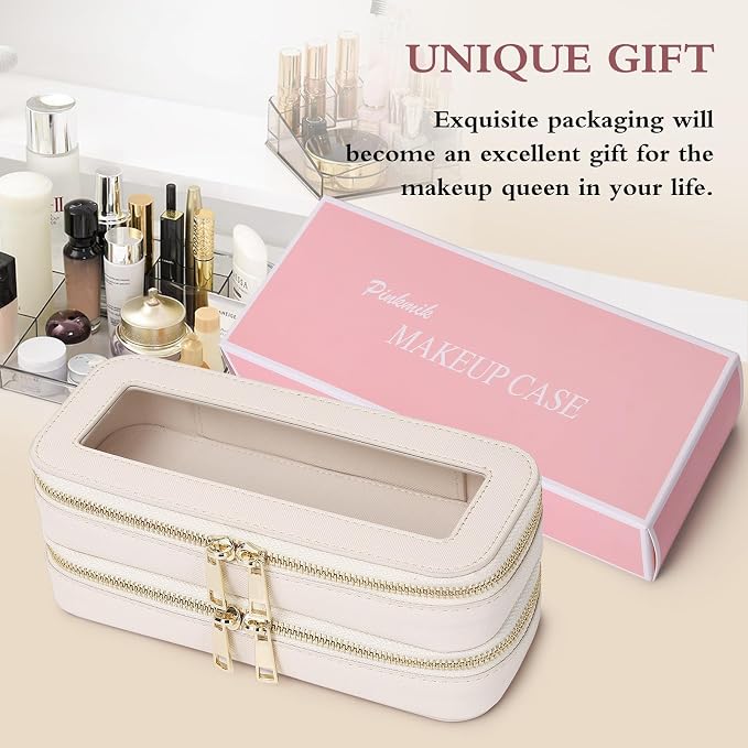Pinkmik Double Layer Makeup Bag, Beige, Double SLIM | Makeup Brush Case, Waterproof, Travel Cosmetic & Toiletry Organizer - Image 7