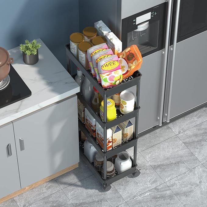 Sooyee 4 Tier Wide Storage Cart, Mobile Shelving Unit Organizer, Black | Slide Out Storage Rolling Utility Cart Tower Rack for Kitchen Bathroom Laundry, Plastic & Stainless Steel - Image 2