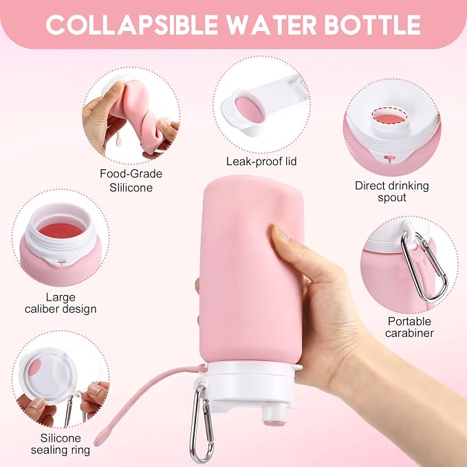 LemonRoad 2 Pcs 19 oz Silicone Collapsible Water Bottle, Pink Blue | Portable Foldable Water Bottle, Leakproof, Carabiner, Reusable, Lightweight, for Travel Sport Hiking Camping Cycling Office - Image 3