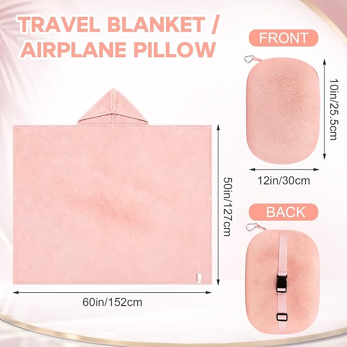 Hooded Wearable Fleece Travel Blanket Airplane with Snap Closure, Foldable Travel Pillow, Compact Carry Carabiner Strap, Soft 60''x50'' Fleece Blanket for Plane Office Gift(Pink) - Image 3