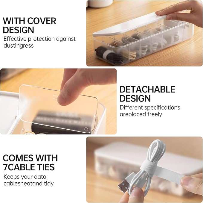 PAVSTINE 2 Pcs Cable Organizer Storage Box with Lid, 14 Wire Ties, White | Adjustable Dividers, Holds Power Cords & Charger, Dust-Proof, Desktop Accessories & Stationery Storage for Home & Office - Image 4