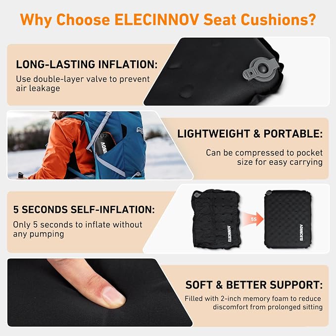 Inflatable Seat Cushion, Self Inflating Foam Portable Stadium Seat Cushion | Bleacher Seat Cushion Lightweight Camping Comfort Airplane Cushion for Long Flights Outdoor Events - Image 3